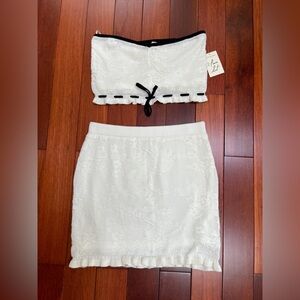 Freshman White Knit Mini Skirt Set with Black Trim
